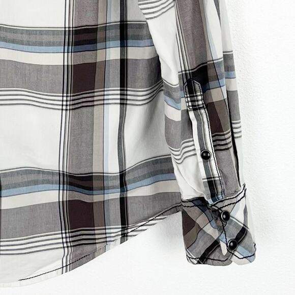 BKE Mens Casual Pearl Snap Shirt Western Plaid Slim Stretch White Gray Medium - Picture 4 of 7